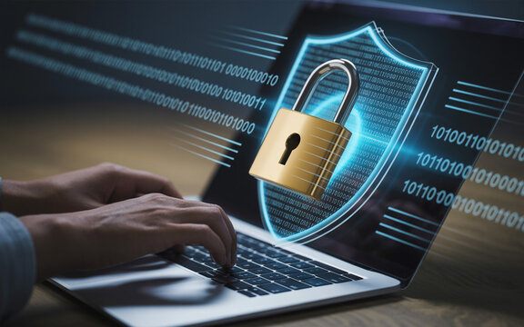 A laptop displaying a digital security shield with a golden padlock symbolizing data protection and online safety measures.