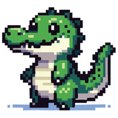 Pixelated cartoon illustration of a green crocodile standing upright, with a cute and friendly expression.