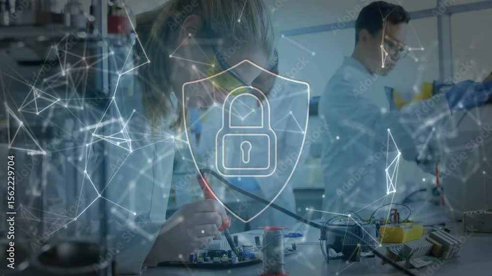 Aufkleber engineer in lab soldering circuit board starting padlock nodes animating securing device assembly