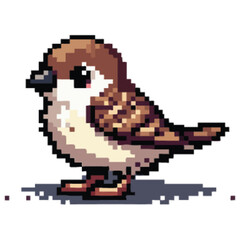 Obraz premium A pixelated sparrow stands proudly, showcasing detailed brown and white plumage.