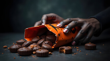 Dans un sachet kraft orange stylisé : bonbons ou chocolats croustillants d'Halloween des mains horribles essaient de s'en emparer 