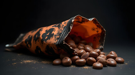 Dans un sachet kraft orange stylisé : bonbons ou chocolats croustillants d'Halloween des mains horribles essaient de s'en emparer 