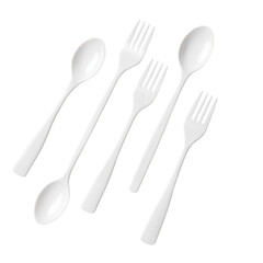 White plastic forks and spoons arranged on a white background  