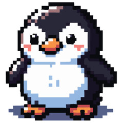 Pixelated cartoon penguin with rosy cheeks, standing on a light blue surface, looking forward.