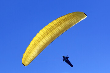 Paraglider flying in a blue sky	