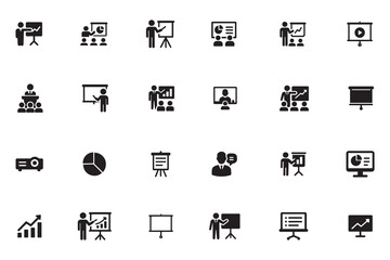 Business presentation and training glyph icon set, symbols for seminar, meeting, and corporate report