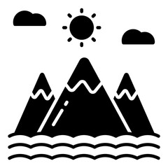 A unique design icon of mountains with sun showcasing hills weather