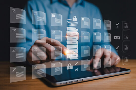A person interacting with a digital document stack with checks and padlocks on a tablet computer interface