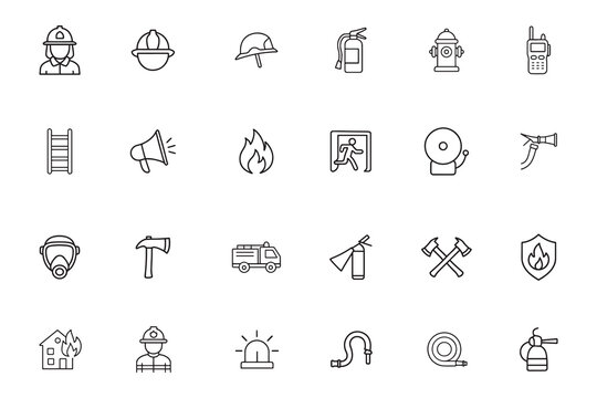 Firefighter line icon set, fire safety and emergency service equipment symbols