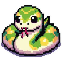 Obraz premium A pixelated cartoon snake with a green and yellow pattern, tongue out.