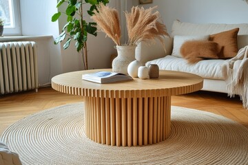 Round wooden coffee table with fluted edges on light beige rug, cozy living room with sofas and decorative plants, warm and inviting atmosphere