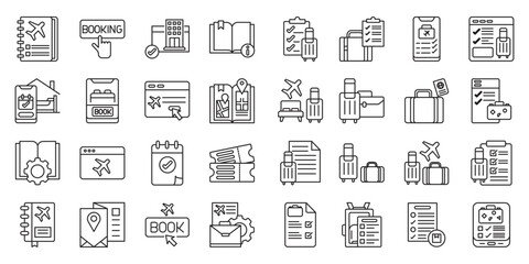 Travel Journal & Packing Companion set of web icons in line style. travel journal, travel diary, travel packing list, packing checklist and trip planner.  Vector illustration