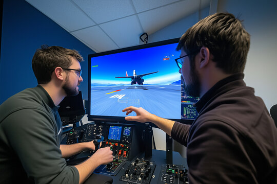 Flight simulation instructor guiding a student pilot surrounded by cockpit controls. Generative AI