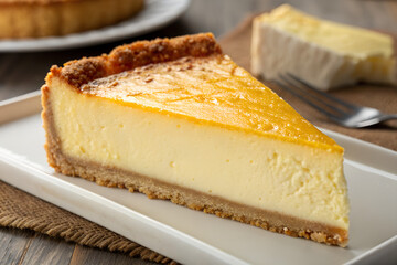A slice of classic cheesecake with a golden top and crumbly crust on a white plate
