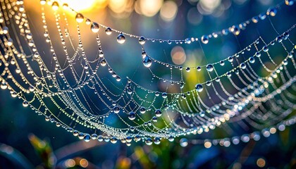 Dew-Kissed Spiderweb in Morning Sunlight Creating Sparkling Patterns