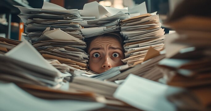 Stressed man buried under huge pile of documents and paperwork in office chaos