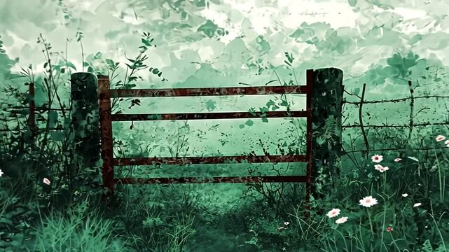 A serene rustic landscape featuring a weathered gate surrounded by lush greenery and wildflowers
