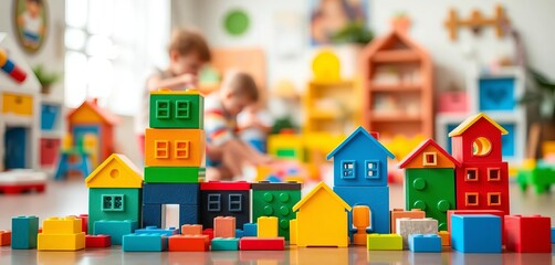 Colorful building blocks in foreground, blurred daycare activity in background, toddler, school