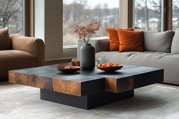 Square coffee table with dark wood top and black oak base, placed on beige patterned carpet in bright living room with grey sofa and orange pillows
