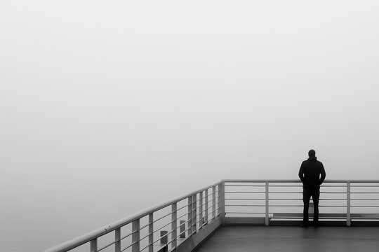 Alone man standing on foggy pier, staring out over the endless gray water. Generative AI
