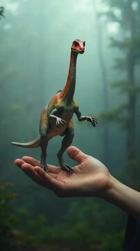 A miniature prehistoric creature stands gently balanced on a human hand within a misty forest.