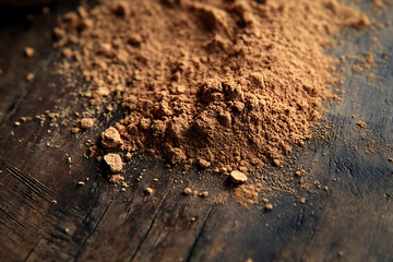 Closeup of Cocoa Powder Pile on a Weathered Wooden Surface