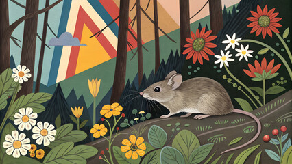 A mouse sits on a log in a colorful forest with flowers and geometric mountains