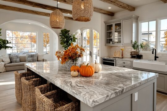 Modern kitchen interior with marble counter top decorated for fall with orange pumpkins and leaves, autumn home decoration	 - Powered by Adobe
