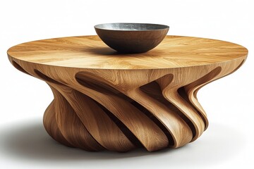 Round oak coffee table with two layers and wood slats, light wooden color, minimalist clean design, functional modern furniture for living spaces