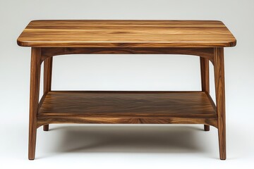 Walnut coffee table with two shelves, minimalist clean design, natural wood texture, warm tone, straight front view on gray background, high-resolution product