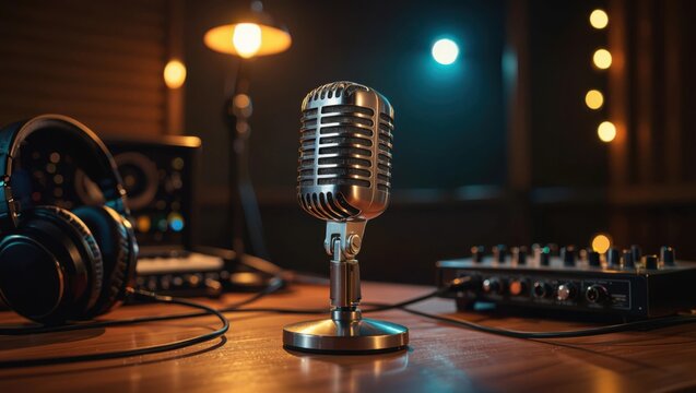 Vintage microphone and studio equipment set up for recording with warm lighting and bokeh effects