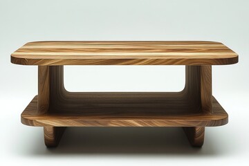 Walnut coffee table with two shelves, minimalist clean design, natural wood texture, warm tone, straight front view on gray background, high-resolution product
