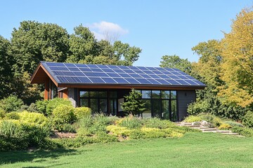 Fototapeta premium Modern energy-efficient home with solar panels, sustainable landscaping, and desert-adapted garden design