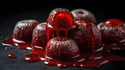Bonbons dômes gélifiés de couleur rouge hémoglobine isolés sur fond noir. 