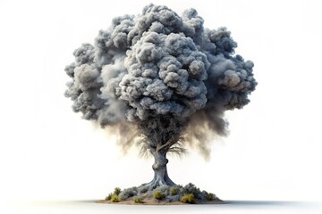 A dark grey mushroom cloud rises from the ground like a tree, showing the aftermath of a powerful explosion isolated on white background