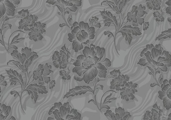 Gray floral pattern with various blooming flowers and foliage on a wavy background