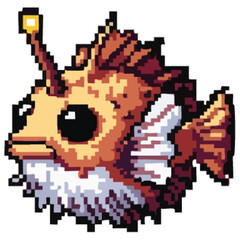 Fototapeta premium Adorable pixel art depiction of a whimsical, orange fish with a glowing antenna.