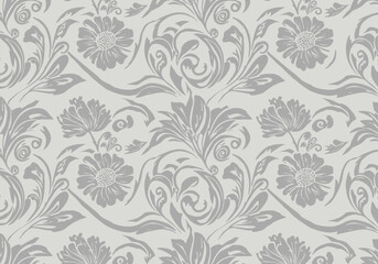 Graytone floral pattern with repeating motifs of stylized blossoms and foliage on a light background