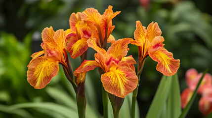 Closeup of Vibrant Orange Iris Flowers with Delicate Veins and Green Background