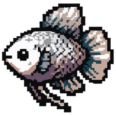Fototapeta premium Pixel art depiction of a charming, small betta fish with variegated grey, white, and purple scales.