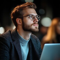 Pensive young man with glasses, gazing thoughtfully at something beyond his laptop, in a dimly lit setting