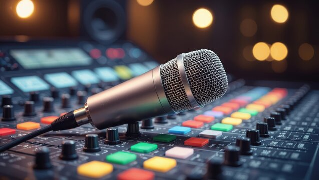 A professional microphone rests on a colorful audio mixing console in a dimly lit studio with bokeh lights