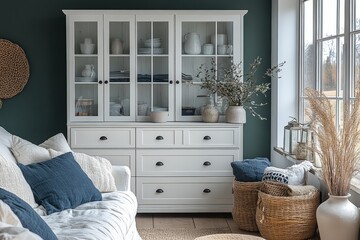 White chest of drawers with six cabinet doors and glass display panels, elegant lines, light-colored decor, practical storage, placed near window or sofa