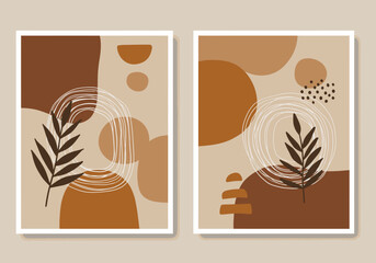 Two abstract paintings of geometric shapes leaves and scribbles in brown tones
