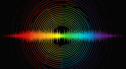 Rainbow sound wave design colored lines form concentric circles around a vibrant complex sound wave pattern on a black background