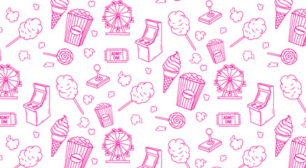 Carnival Sweets Seamless Pattern. Cute pink doodle background with popcorn, ice cream, and a ferris wheel for fabric, wallpaper, or party decor.