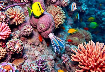 Obraz premium Vibrant coral reef, playful squid among colorful fish and anemones, sea anemone, coral