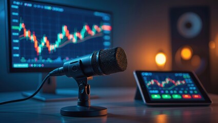 Podcast studio setup featuring a microphone and financial trading charts on multiple screens
