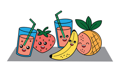 Smiling Fruits and Juices with Cartoon Faces Illustration