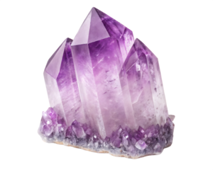 Cluster of violet purple crystal amethyst stones with sharp geometric points and rough base isolated on a transparent background